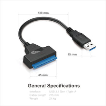 Load image into Gallery viewer, Mediasonic SATA to USB Cable – USB 3.0 / USB 3.1 Gen 1 to 2.5” SATA SSD/Hard Drive Adapter Cable (Optimized for SSD, Support UASP and SATA 3 6.0Gbps Transfer Rate) (HND5-SU3)
